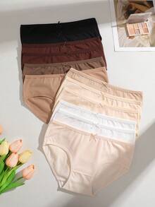 12 Pcs Cotton Solid Color Minimalist Brown Hip-Wrapped Bow Women's Briefs, Comfortable And Cute Underwear - 彩色 - 查看 2