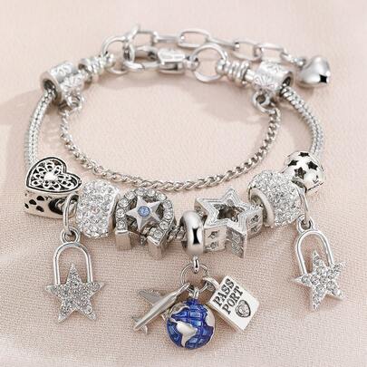 1 pieza Brazalete de bricolaje con cuentas de moda con colgante de avión y equipaje, adecuado para uso diario y regalo a amigos