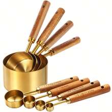8pc Stainless Steel Measuring Cup And Spoon With Rosewood Handle, Durable Kitchen Baking Tools Including Spice Spoon And Coffee Spoon, Nested Design For Easy Storage, Suitable For Baking Cooking And Cocktail Making - Gold 8-piece Set - View 3