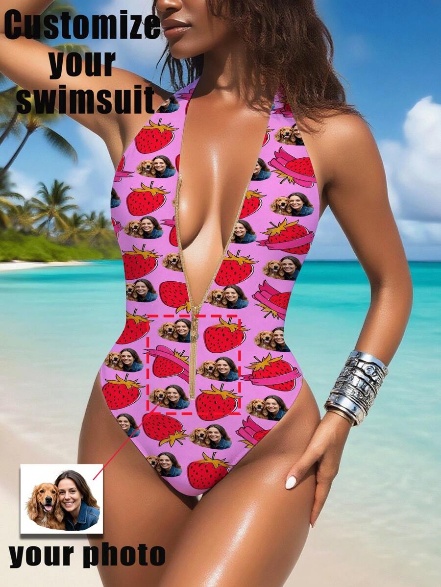 1pc Customized Women's Swimsuit, Face Customization, Personalized, Women's Zipper Strap Backless Swimsuit, Women's High Waist Sleeveless Swimming Swimsuit, Sexy, Girly, Suitable For Pool, Beach, Holiday, Girls Swimwear - Hot Pink - View 1
