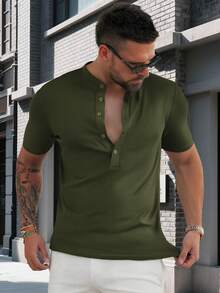 Men's Waffle Henley Shirts Short Sleeve T-Shirt Stylish Casual 5 Button Placket Slim Fit Tee - 綠色 - 查看 1