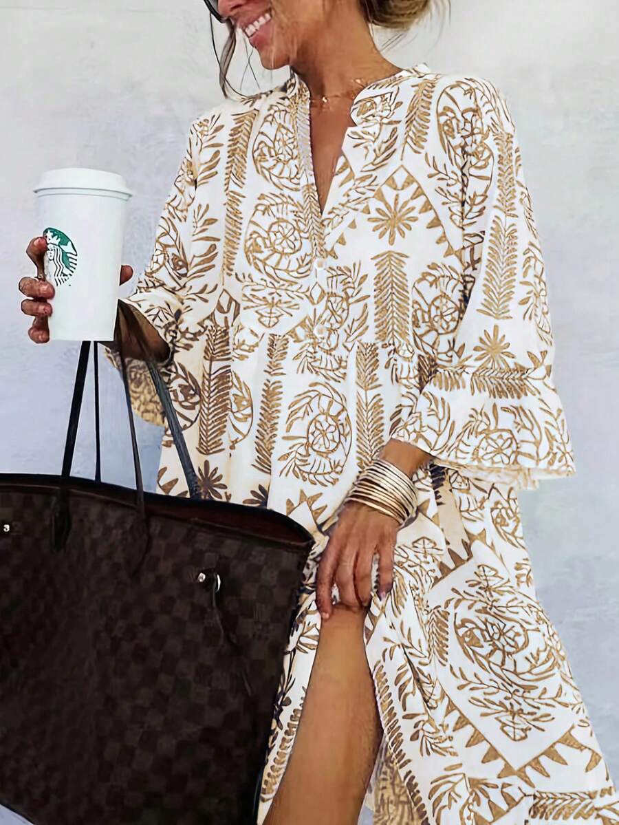 大码女式优雅新款时尚花卉印花休闲宽松中长连衣裙，七分袖衬衫裙，适合春夏秋季