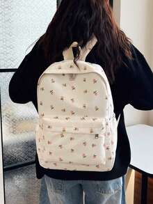 1 件白色尼龙花卉印花双拉链大容量时尚多功能背包，学生包 - 白色 - 查看 2