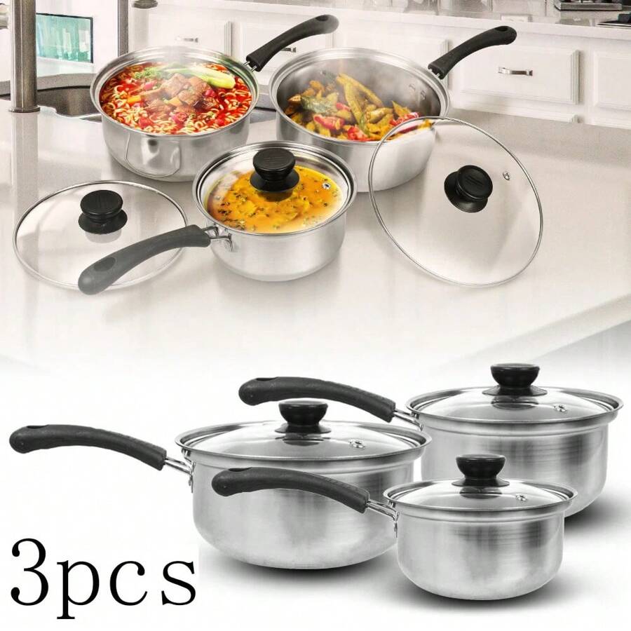 6pcs Stainless Steel Deep Induction Non Stick Saucepans Cookware Set, Non Stick Stainless Steel, With Lid, For Induction Stovetop - Black - View 1