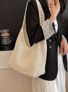 Yogodlns Women's Aesthetic Crochet Beach Shopper Tote Knitted Net Underarm Bag For Summer Versatile Shoulder Bag Women's Shoulder Bags Casual Woven Ladies Handmade Totes Large Capacity Summer Beach Female's Messenger Bag , Beach Bag , Crochet - Beige - View 5