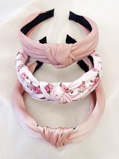 3pcs/Set Women Floral Solid Color (Pink, Blue, Green) Sweet Campus Style Fabric Headbands, Suitable For Daily Wear, Outdoor Activities, Washing Face, Makeup, Can Be Used As Casual Hair Accessories, Hair Styling Tools, Beauty Accessories, Curling Accessories