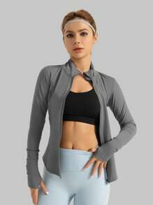 1 pieza Chaqueta de yoga de mujer de moda de primavera, sexy y delgada, unicolor, para uso diario, gimnasio, deportes, running, fitness, secado rápido, de bajo impacto, con cuello alto, abertura para el pulgar, para vacaciones, con cremallera, de manga larga, cómoda y suave, para deportes de verano al aire libre