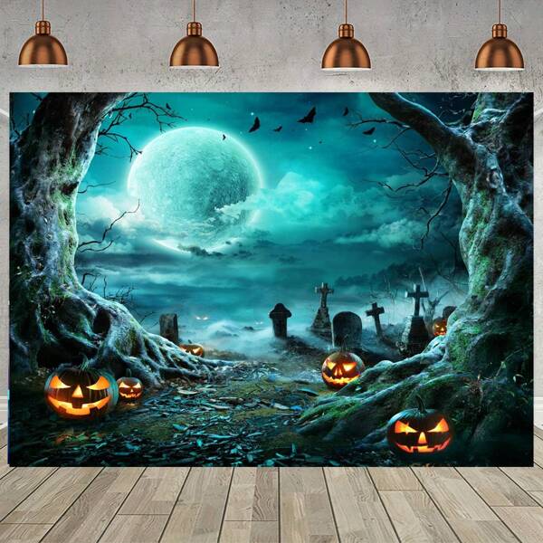 1 Halloween Party Background Photography Background, Horror Moon Night Horror Cemetery Pumpkin Lantern Background, No Power Supply, Durable Polyester Fabric, Multiple Sizes Suitable For Adult Family Parties Birthday Banner Decoration Halloween Photo Background, Adult Festival Party Photography Props
