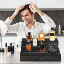Cologne Organizer For Men With Drawer, Wood Cologne Stand Display Shelf With Hidden Compartment, Perfume Holder Organizer For Dresser, Room Essentials For Men, Display Risers, Gift For Husband, Father - Black - View 2