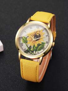 Women's Classic Elegant Solar Flower Dial Roman Numeral Fashion Casual Leather Strap Quartz Wrist Watch, 1 Pc/Set (Watch Box Not Included)