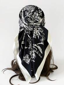 1 件女士花卉印花仿丝斜纹围巾头带，适合日常佩戴优雅头巾、发带、头带非常适合装扮您的冬季秋季 - 藏蓝色 - 查看 5