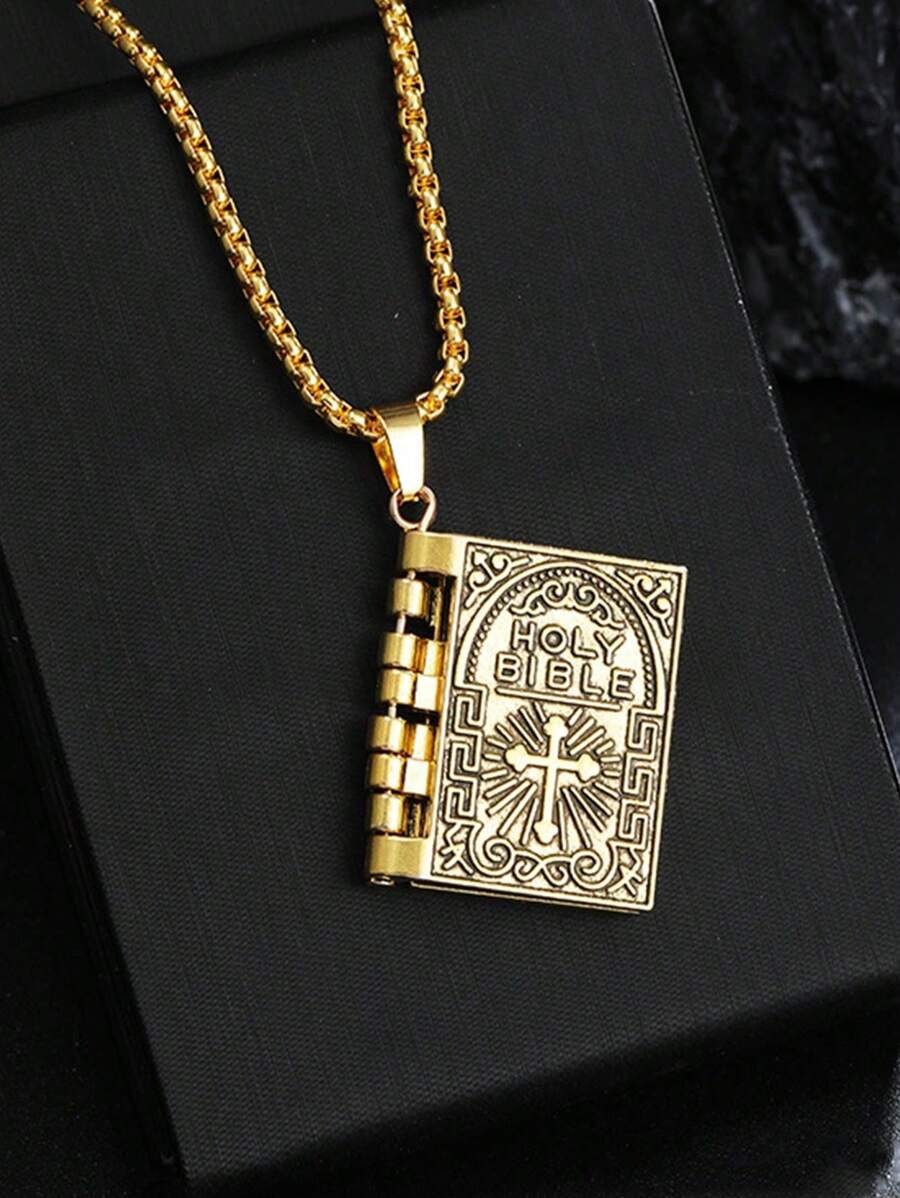 1 件复古宗教男女通用项链，金色可打开圣经书吊坠，男女基督教珠宝