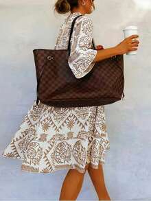 大码女式优雅新款时尚花卉印花休闲宽松中长连衣裙，七分袖衬衫裙，适合春夏秋季