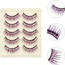 GAO5 Pairs Diamond False Eyelashes Faux Lashes Fake Lashes Eyeliner Sticker Fluffy Eyelashes Colored Self Miss With Diamond Makeup Tools Chemical Fiber Hard Stem Purple4023 - Purple - View 3