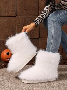2025 New Fashionable Fluffy Faux Thermal Lined Slip-On Short Boots, Warm & Non-Slip - White - View 2