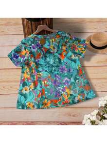 Women's Floral Print V-Neck Ruffle Short Sleeve T-Shirt, Lightweight & Fashionable - Multicolor - View 4
