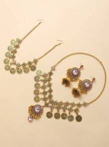 4pcs  Bollywood Style Women's Gold Necklace Set, Including 1pc Elegant Noble Fringe Necklace Studded With Purple/Green/White/Black Rhinestones, 1 Pair Exquisite Tassel Earrings, And 1pc Vintage Bohemian Style Head Chain, Ideal For Wearing At Festive Events Or As A Thanksgiving Gift Jewelry Set.