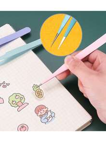 2件套不锈钢镊子套装，直头和弯头镊子，适用于剪贴簿、贴纸、和纸胶带、多用途手工DIY、旧杂志、相册、学习用品、马卡龙手工工具、Cooka镊子，可用于贴纸、剪贴簿、睫毛、珠宝制作、模型制作 - 彩色 - 查看 3