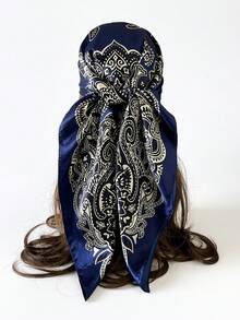 1pc 90CM Paisley Printed Ladies Bandana Simulated Silk Headband Women Bandana Top,Large Size Square Scarf,Hair Band,Head Band Ideal For Dressing Up Your Look - Black - View 11