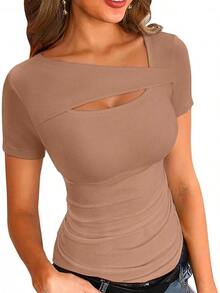 Womens Fashion Fall Cutout Long Sleeve Ribbed Slim Fitted Tops Shirts Tee Tshirts - 短卡其色 - 查看 1