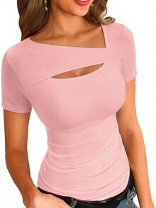 Womens Fashion Fall Cutout Long Sleeve Ribbed Slim Fitted Tops Shirts Tee Tshirts - 短光粉紅 - 查看 1