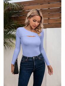 Womens Fashion Fall Cutout Long Sleeve Ribbed Slim Fitted Tops Shirts Tee Tshirts - Long-purple Blue - View 7