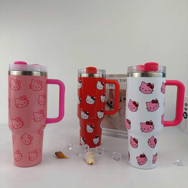 Sanrio Same Style As Sanrio Hello Kitty & Kuromi 40oz Stainless Steel Insulated Tumbler Set With Straws - Cute Cartoon Designs, Leak-Proof & Portable For Travel, Sports, Fitness - Available In Light Red, White, Pink, Blue