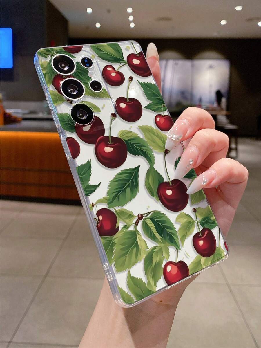 1 件清新时尚樱桃叶印花透明 TPU 软手机壳，防刮防指纹保护套，兼容三星、Nothing、Pixel、INFINIX、Redmi，带相机镜头保护 - 彩色 - 查看 1