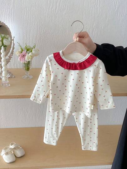 2 件套女婴时尚樱桃印花多层上衣和紧身裤套装，秋季