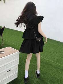 简约黑色盖袖连衣裙，无袖，高品质，修身，优雅迷你连衣裙，适合夏季 - 黑色 - 查看 8