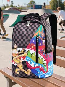 1 件格子印花背包，大容量多隔层设计，涤纶衬里，可调节舒适肩带，侧袋可放置水瓶和雨伞，适合日常使用和旅行，时尚防水涤纶背包，返校季节的绝佳礼物 - 彩色 - 查看 8