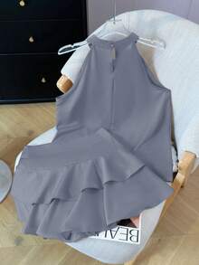 2 件套女式夏季无袖露背荷叶边下摆短款上衣和迷你裙套装 - 灰色兩件套 - 查看 6