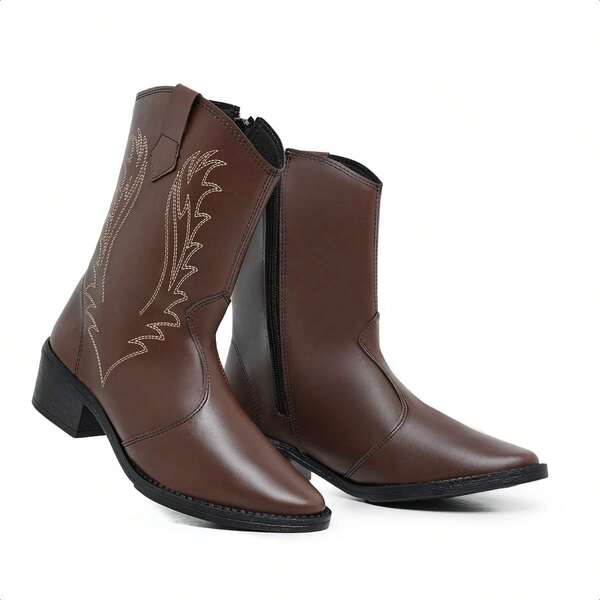 botas masculinas texanas Castanho Salto Bloco Vintage Fashion Moderno 2025