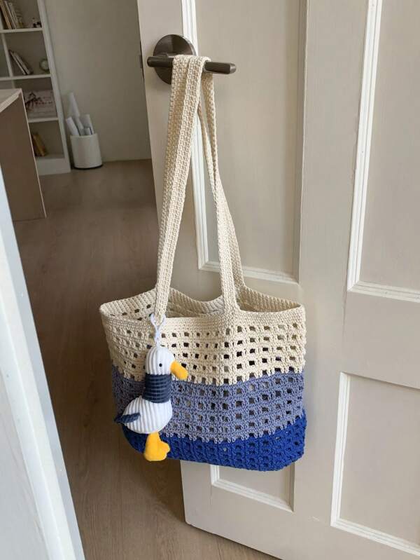 1 Peça Bolsa Tote Transversal de Grande Capacidade Multicolorida Tricotada para Mulheres, Nova Bolsa de Ombro de Praia Feita à Mão Trançada, Bolsa Envelope Minimalista, Adequada para Férias e Praia