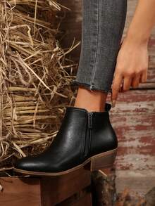 女式黑色粗跟踝靴，休闲侧拉链圆头短靴，舒适踝靴，双拉链时尚靴子，紧身靴，女士时尚踝靴，厚跟和鞋底，休闲设计，女式粗跟踝靴切尔西靴弹力靴粗跟休闲靴，女鞋，新款时尚百搭粗跟性感女士短靴，秋冬踝靴 - 黑色 - 查看 6