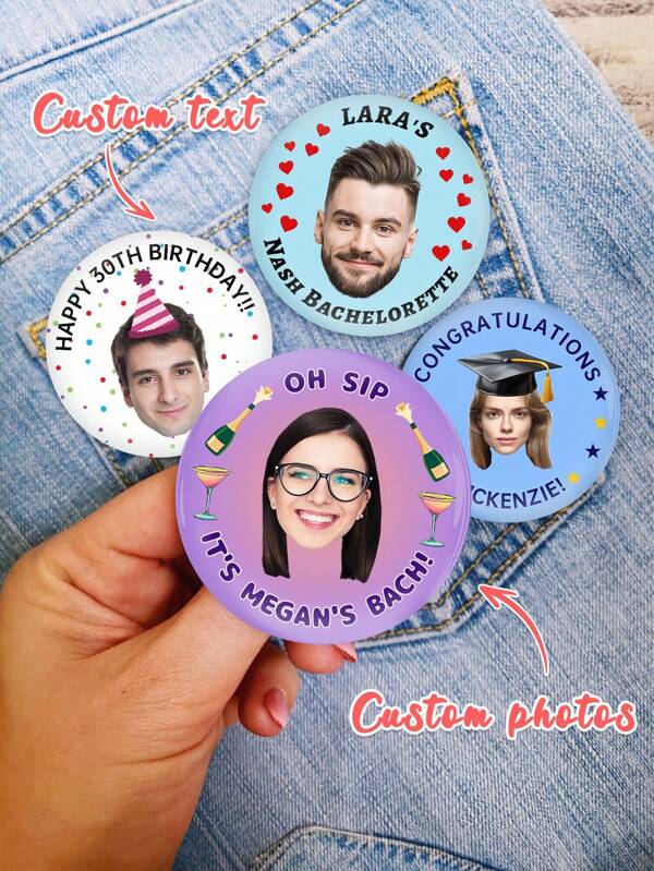 Personalized Badge With Your First Name Or Text -Custom Button Badge, Custom Face Cutout Buttons - Funny Photo Pin Backs For Birthdays, Bachelorette, Theme Parties, Etc. Graduation Badge, Birthday Badge,School Supplies,Back To School