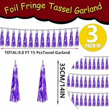 3P Metallic Fringe Tassel Banner Garland Foil Tinsel Streamer Wall Hanging Curtain Backdrop Banner For Parade Floats, Graduation Decorations, Father's Day Party Decoration(Silver)Halloween Christmas New Year - 紫色 - 查看 2
