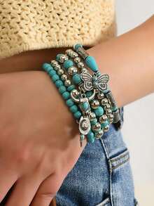 42 Pcs Mixed Vintage Style Multilayer Synthetic Turquoise & Wooden Beaded Bracelet Set With Butterfly/Heart/Hat Charms - Handmade Friendship Bracelet For Men Women - 棕綠色 - 查看 8