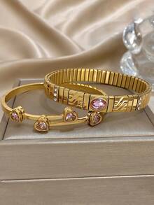 Bộ vòng tay hình trái tim lãng mạn bằng thép không gỉ mạ vàng 18K, đính đá Cubic Zirconia màu hồng, phù hợp cho nữ, có thể dùng làm quà tặng Ngày của Mẹ, Ngày Nhà giáo, phụ kiện du lịch biển mùa hè, phụ kiện phong cách Bohemian, phụ kiện dự tiệc/dạ hội/hàng ngày, quà tặng tựu trường, quà sinh nhật, quà tặng phù dâu và quà Giáng sinh. - Nhiều màu - Xem 2