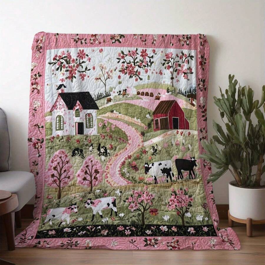 Vintage Farmhouse Flannel Blanket - Rustic Pink Floral, Soft Knitted Polyester, Quilted Texture, 1pc | All-Season Comfort For Home, Travel, Office, Great Gift For Friend, Family, Her, Him, Adults, Elderly, Lovers, Grandfathers, Grandmothers - 彩色 - 查看 1