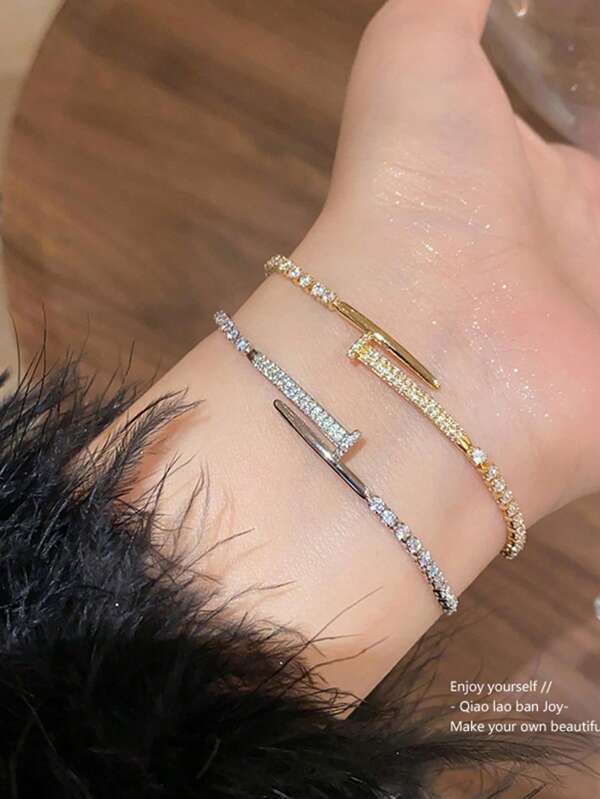 1pc Zirconia Nail Bracelet, Versatile Minimalist Geometric Adjustable Bracelet, Classy Accessory For Work And Everyday Wear