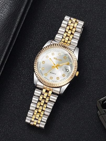1pc Steel Strap Rhinestone Scale Dial Calendar Quartz Business Wrist Watch, No Horloge Box Included view 6