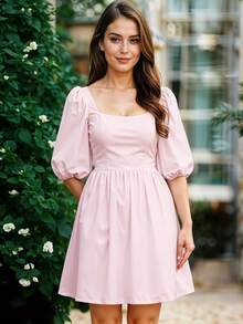 Vestido Corto de Escote Cuadrado con Manga Abullonada Casual para Mujer - Rosa Pálido - Ver 3