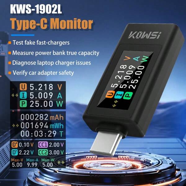 Probador tipo C KWS-1902L con pantalla a color de 0.96 pulgadas, monitor de voltaje/corriente/potencia en tiempo real, herramienta accesoria QC para teléfono/computadora portátil/powerbank con adaptador