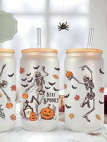 1 peça, copo com canudo e tampa de bambu, copo de água com caveira de Halloween, copo de água em formato de jarra de 500 ml, xícara de chá de frutas reutilizável para festa, presente de Halloween, presente de Natal, para família e amigos, xícara de café gelado, chá, suco, leite, presente de aniversário, bebida