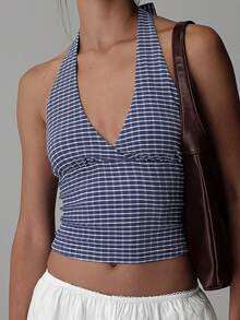 Women's Halter Neck Vest Summer Sleeveless Open Back  Plaid Party Tank Tops - 藏青色 - 查看 5