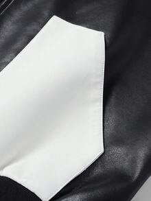 男士长袖时尚休闲撞色拉链立领PU皮夹克，秋冬款 - 黑色 - 查看 3