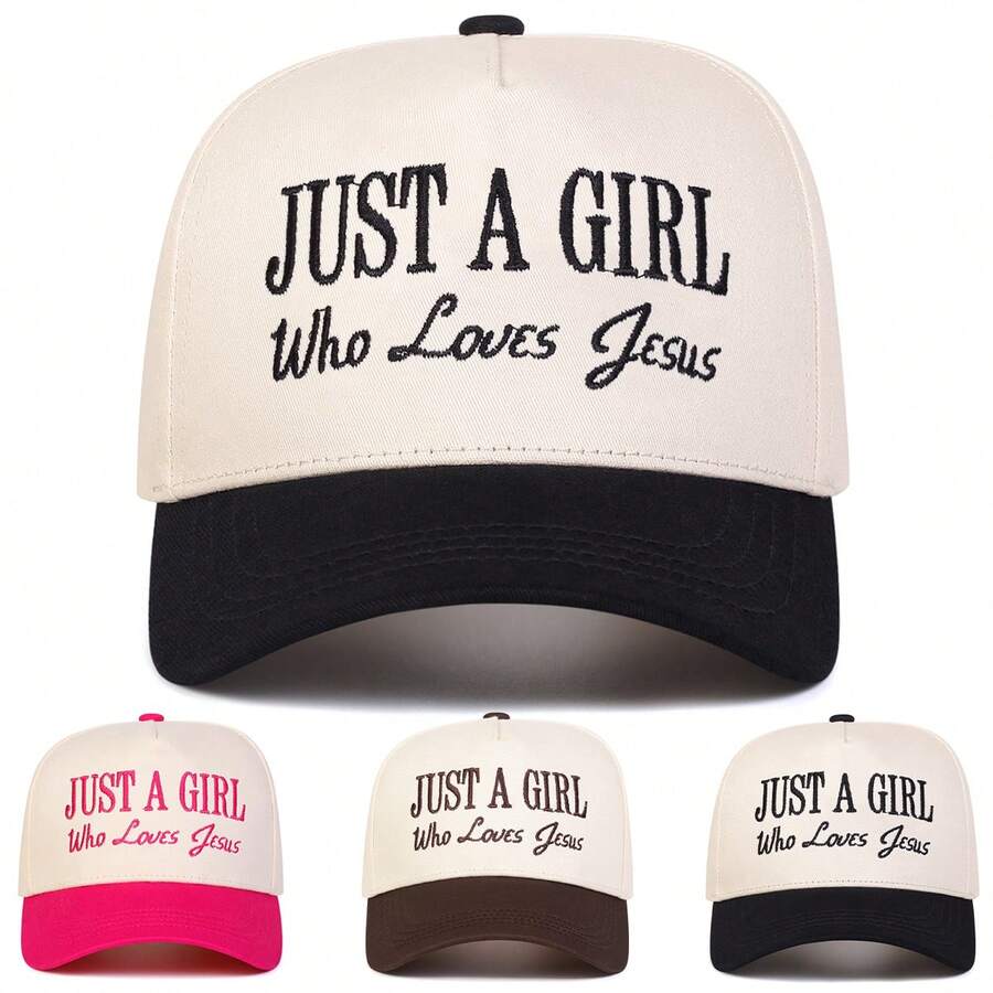 1 pièce Casquette de camionneur "Juste une fille qui aime Jésus" pour femmes, casquette de baseball avec broderie de lettres personnalisée, chapeau de mode streetwear à 5 panneaux, chapeau décontracté de protection solaire pour l'extérieur, convient pour le printemps, l'automne, les voyages, la plage - Multicolore - Voir 1