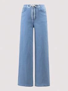 Women's New Lace-Up Waist Wide Leg Jeans, Elastic Casual Mom Jeans, Straight Leg Pants