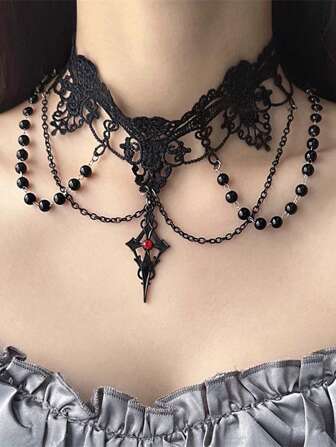 1 pieza Collar con colgante de cruz, encaje, flecos y cuentas, de metal negro, estilo gótico y oscuro, adecuado para uso diario, fiestas y Halloween de mujeres